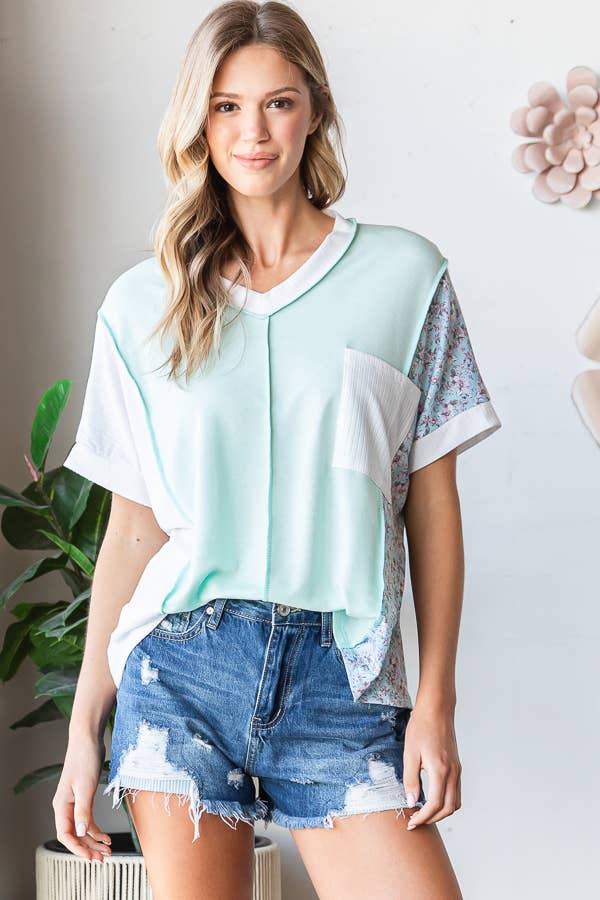Floral Color Block V-Neck Short Sleeve Pocket Top