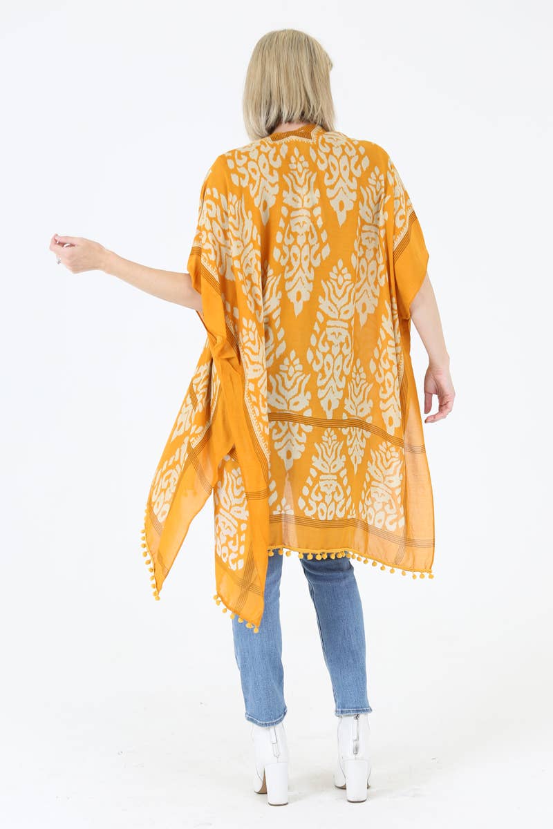 Printed Kimono with Pom Pom Trim