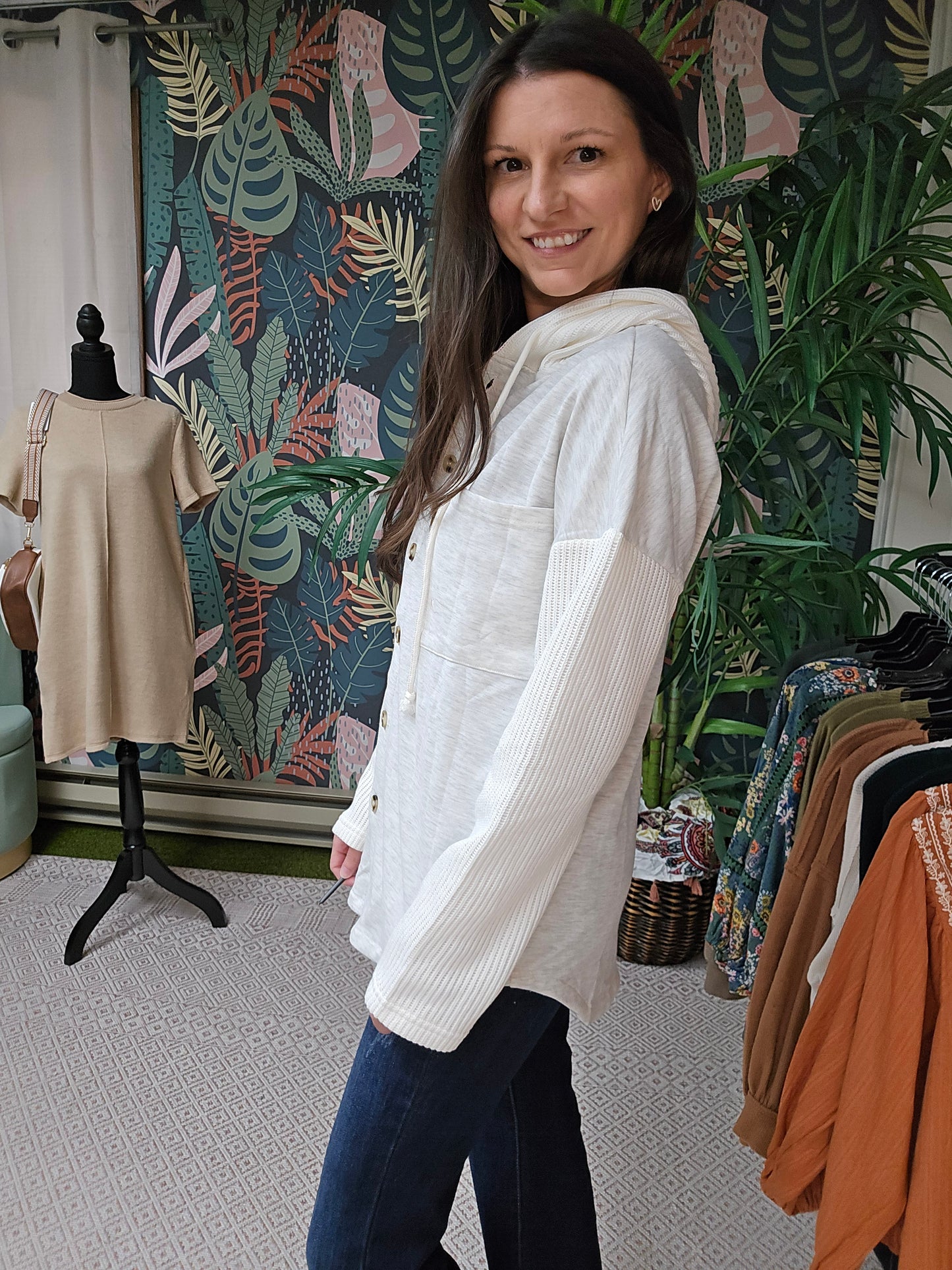 Button Up Contrast Knitted Sleeve Hoodie