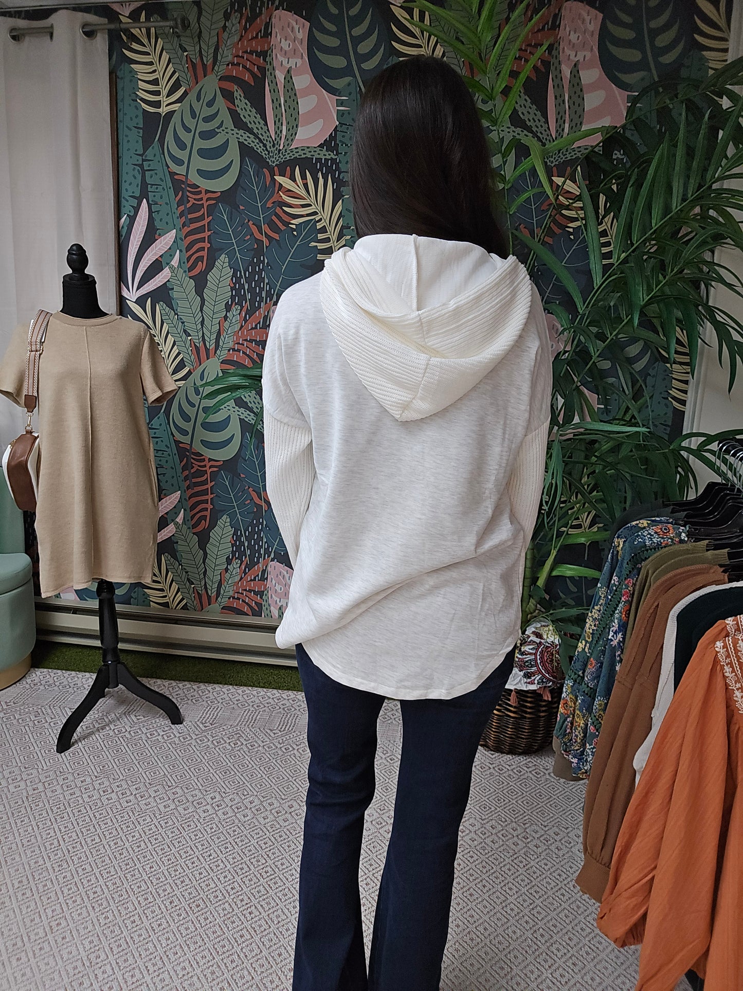 Button Up Contrast Knitted Sleeve Hoodie