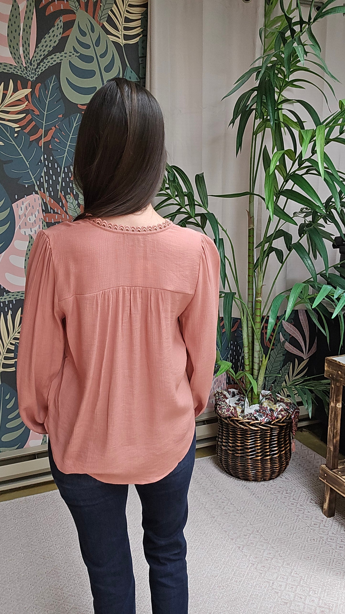 Eyelet Lace Trim Long Sleeve Top
