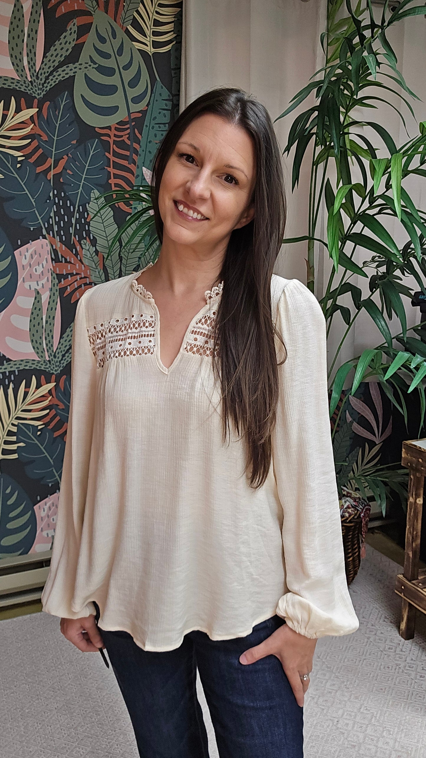 Eyelet Lace Trim Long Sleeve Top