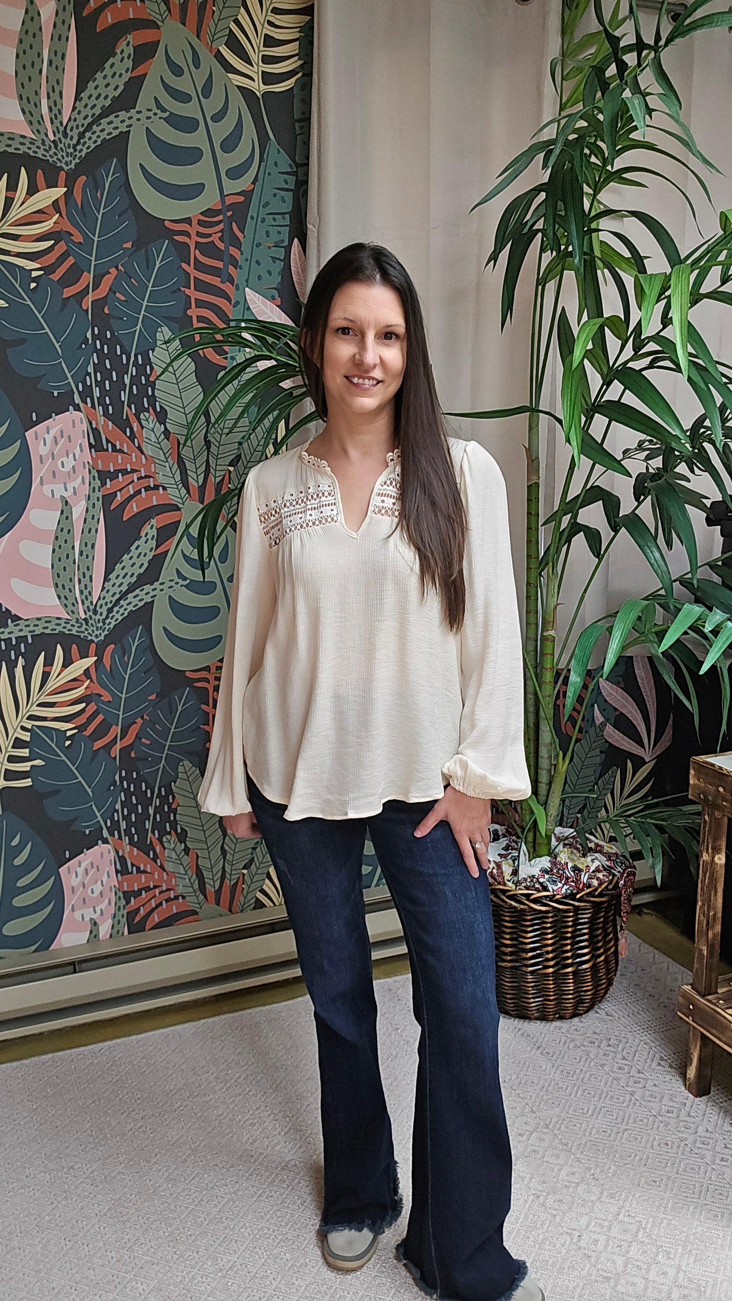 Eyelet Lace Trim Long Sleeve Top
