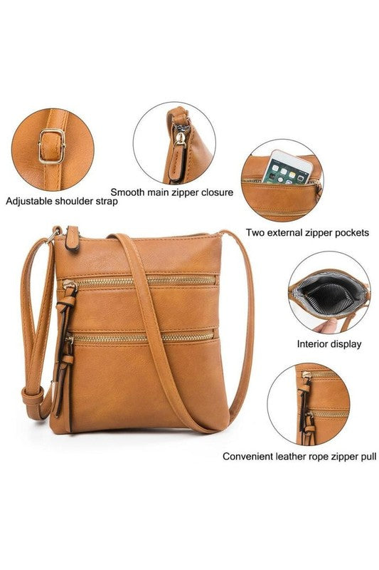 Vegan Leather Triple Zipper Crossbody