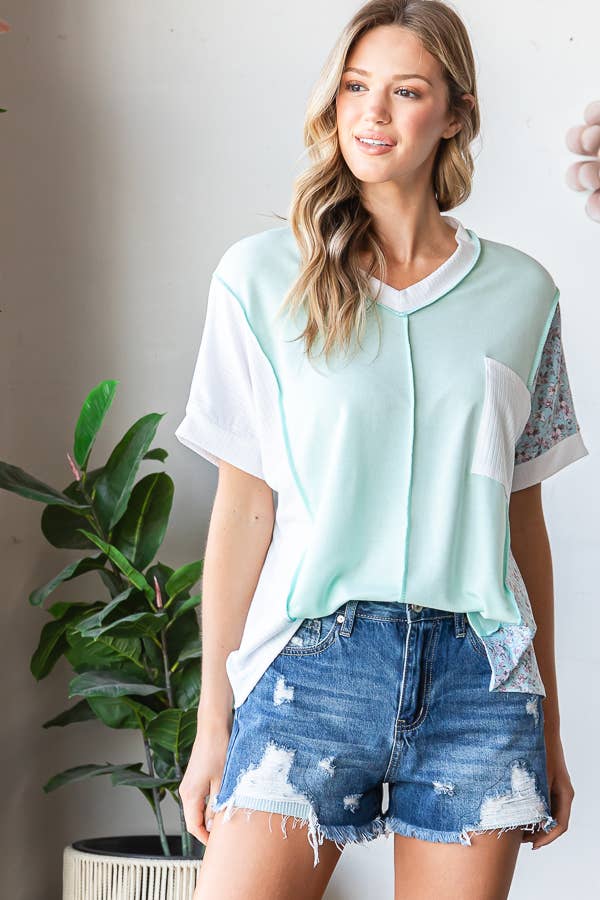 Floral Color Block V-Neck Short Sleeve Pocket Top