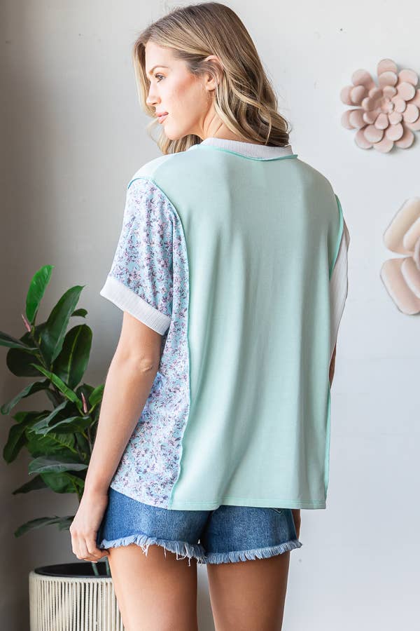 Floral Color Block V-Neck Short Sleeve Pocket Top