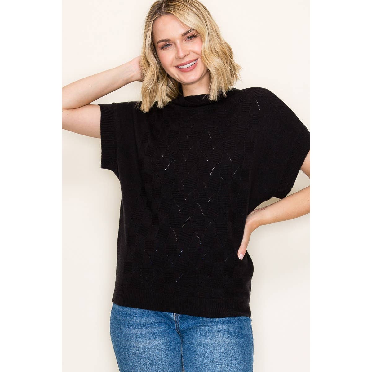 MOCK NECK EXTENDED SHORT SLEEVE SWEATER