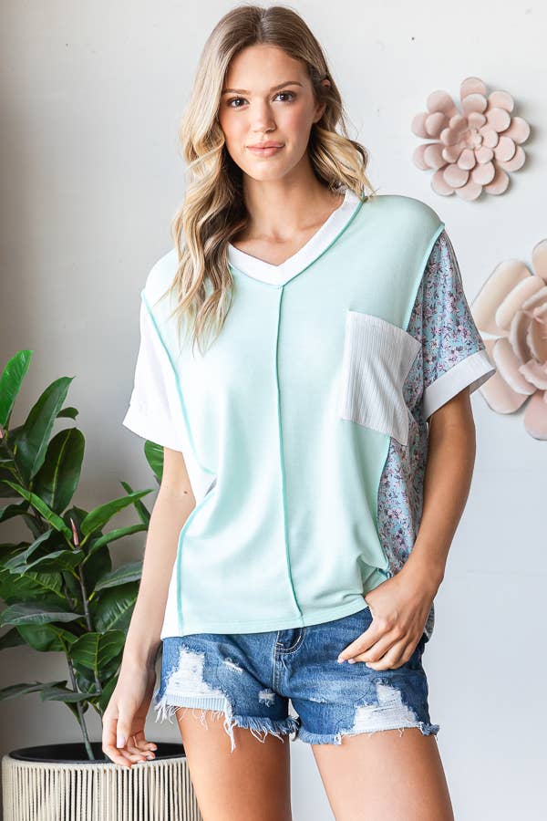 Floral Color Block V-Neck Short Sleeve Pocket Top