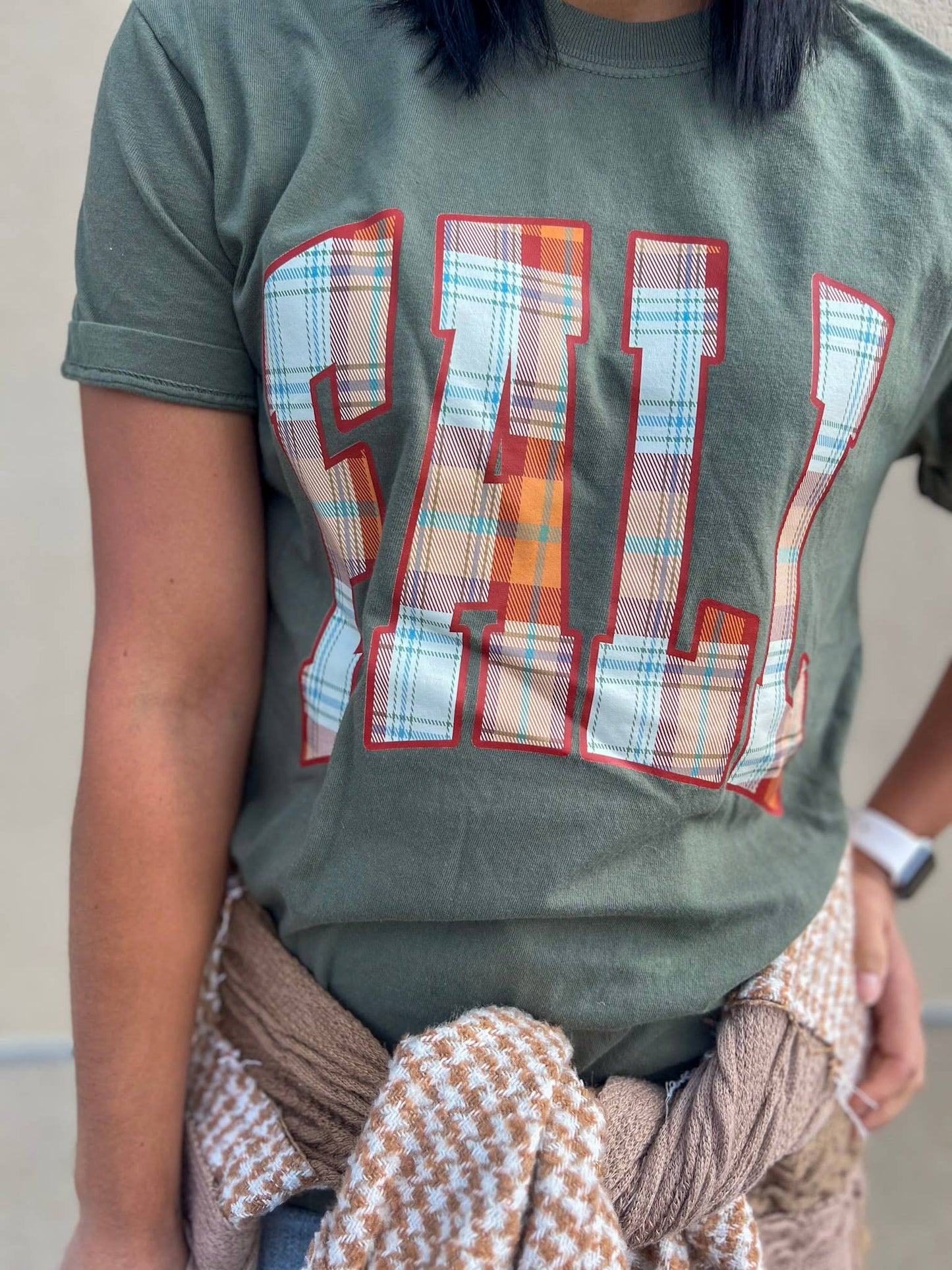 Sage "FALL" Plaid Tee