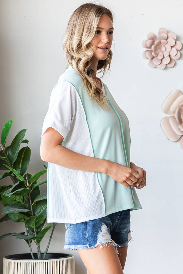Floral Color Block V-Neck Short Sleeve Pocket Top