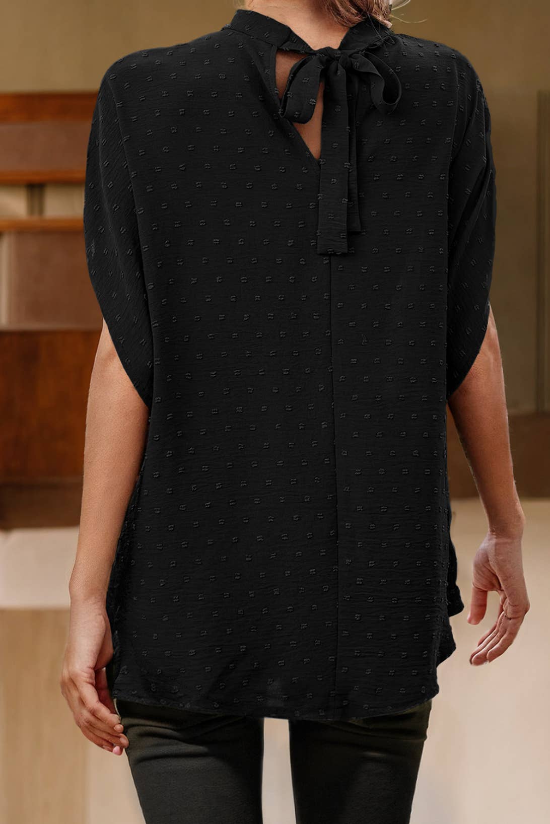 Swiss Dot Mock Neck Batwing Sleeve Blouse