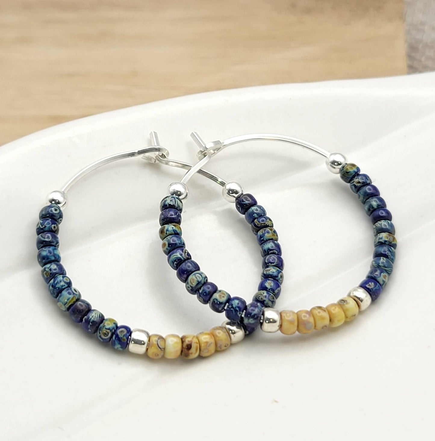 Blue Beaded Boho Silver Hoop Earrings