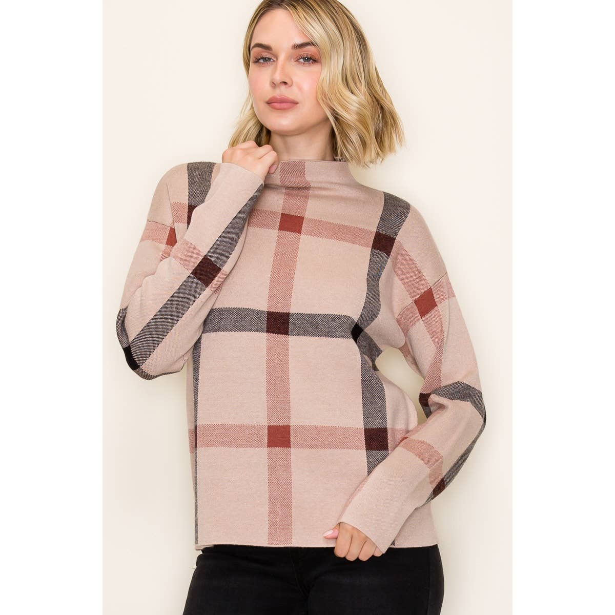 CHECKER JAQUARD MOCK NECK SWEATER