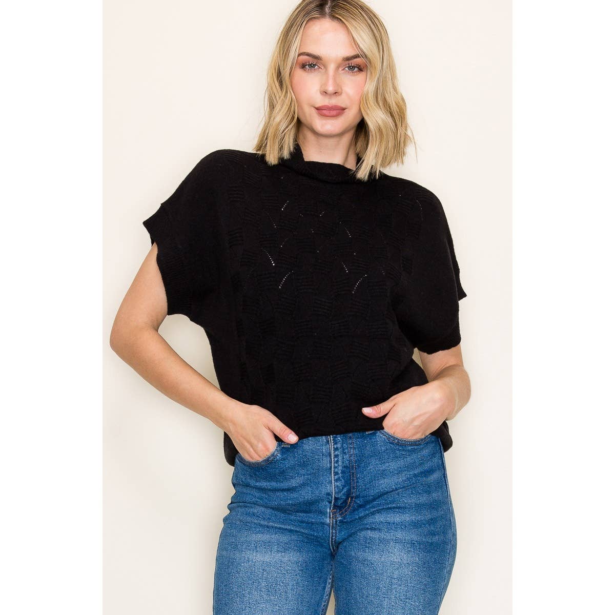MOCK NECK EXTENDED SHORT SLEEVE SWEATER
