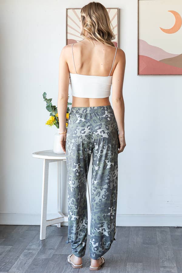 Leopard Camo Side Slit Ankle Tie Pants