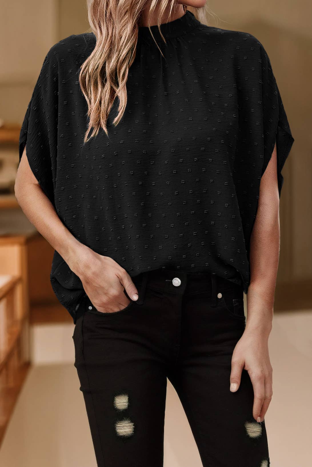 Swiss Dot Mock Neck Batwing Sleeve Blouse