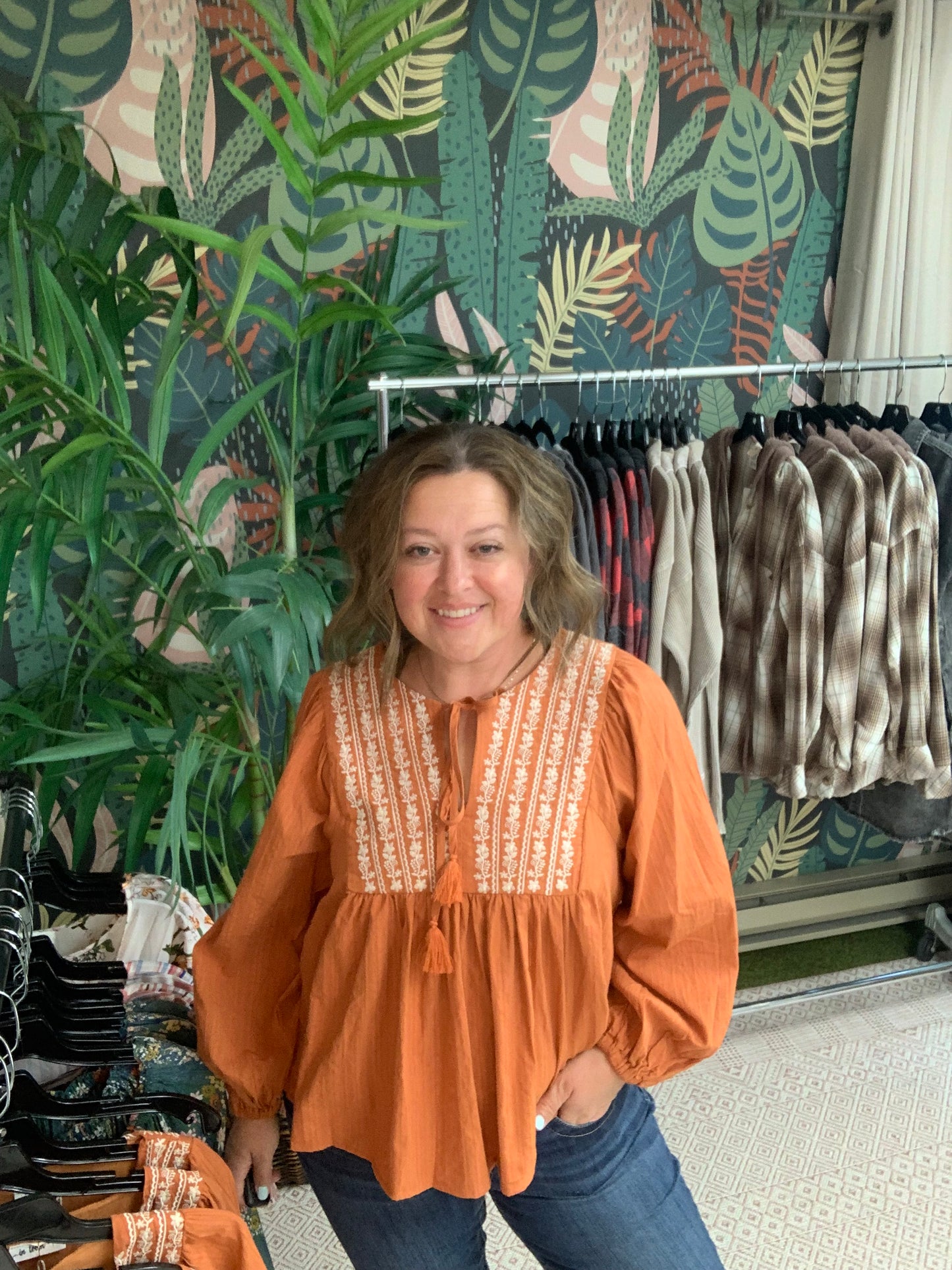 Self Tie V Neck Embroidered Blouse