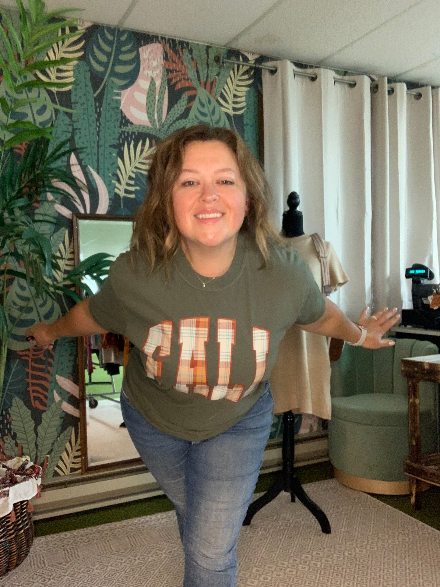 Sage "FALL" Plaid Tee