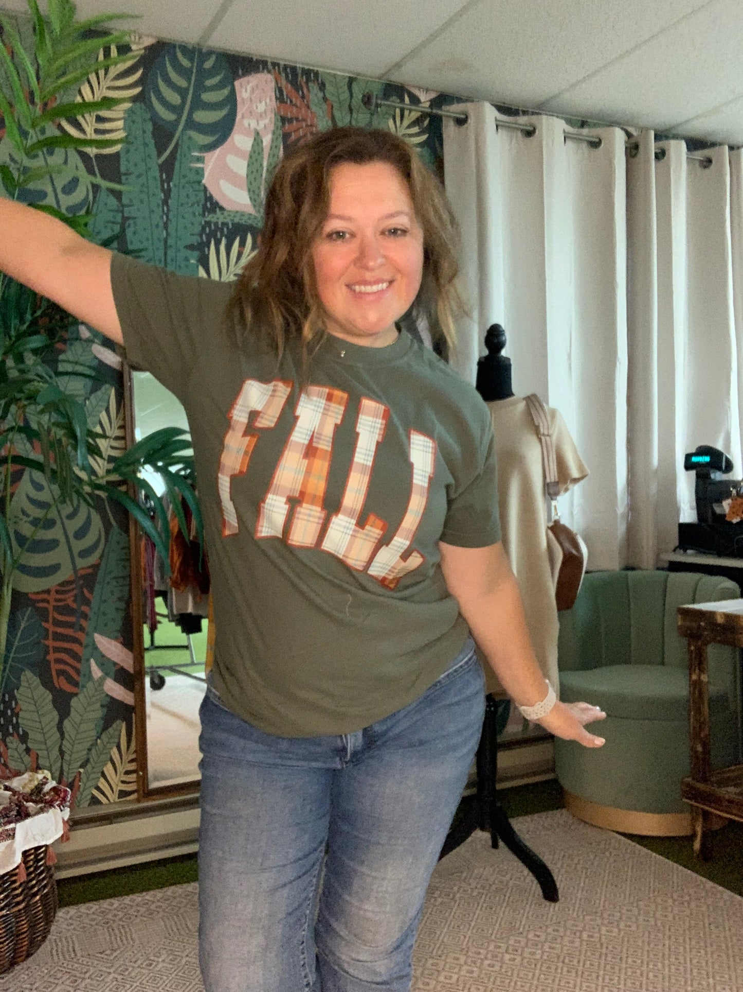 Sage "FALL" Plaid Tee