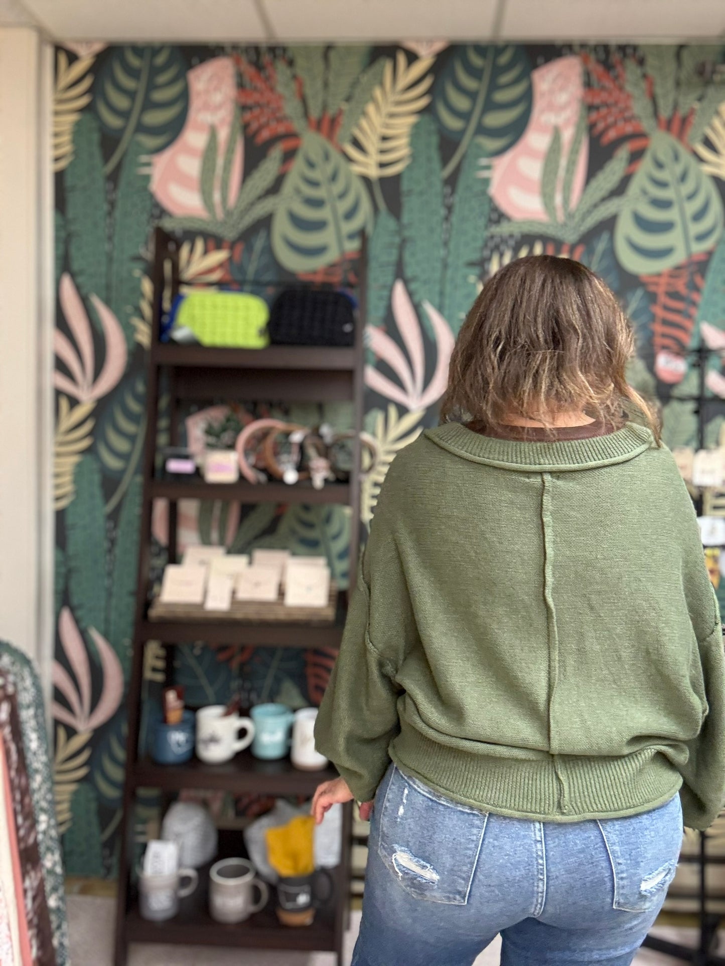 Army green oversized button sweater