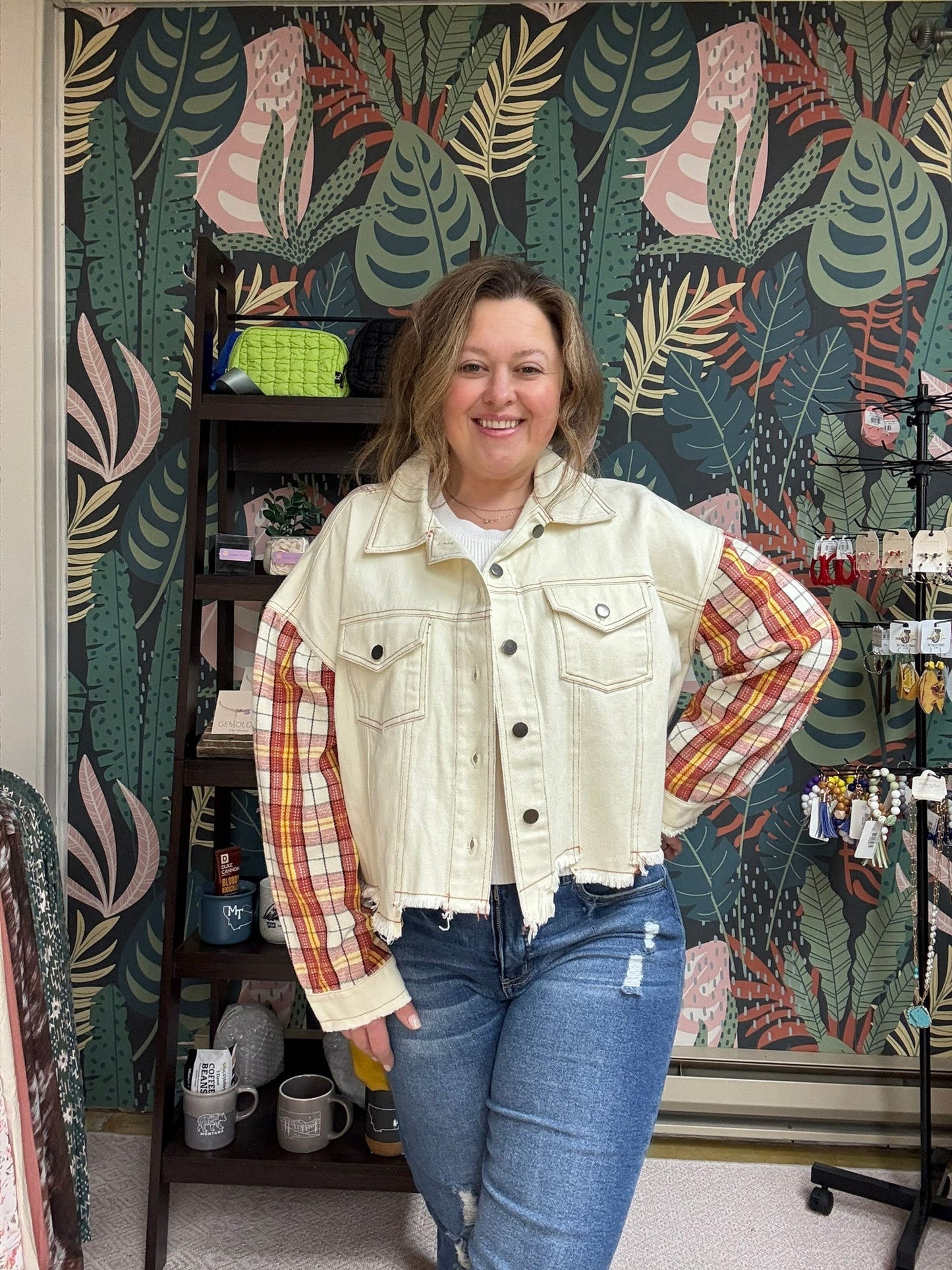 Plaid sleeve denim jacket