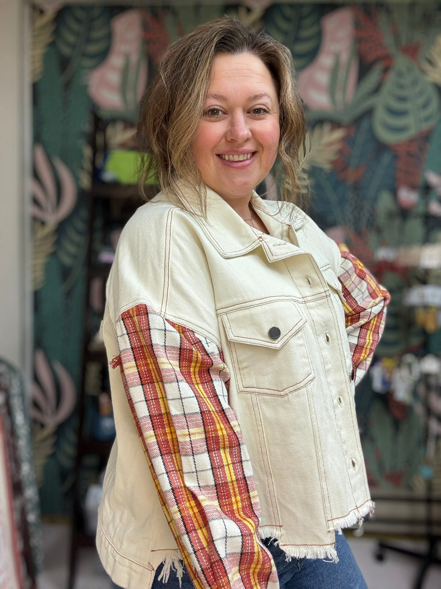 Plaid sleeve denim jacket