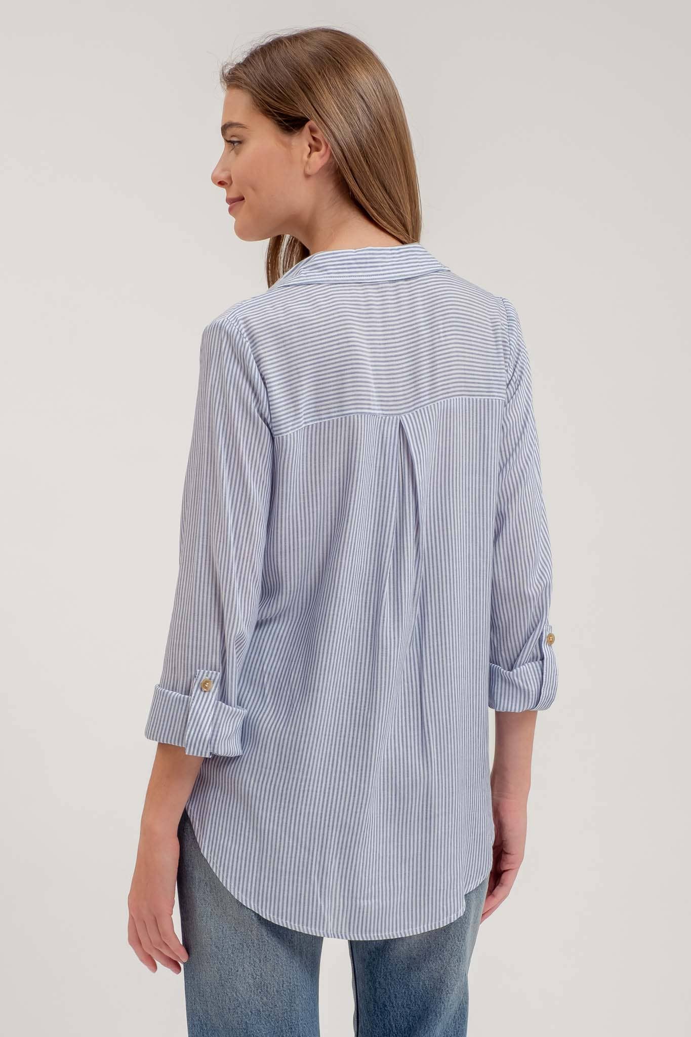 STRIPED COLLARED BUTTON DOWN WITH POCKETS