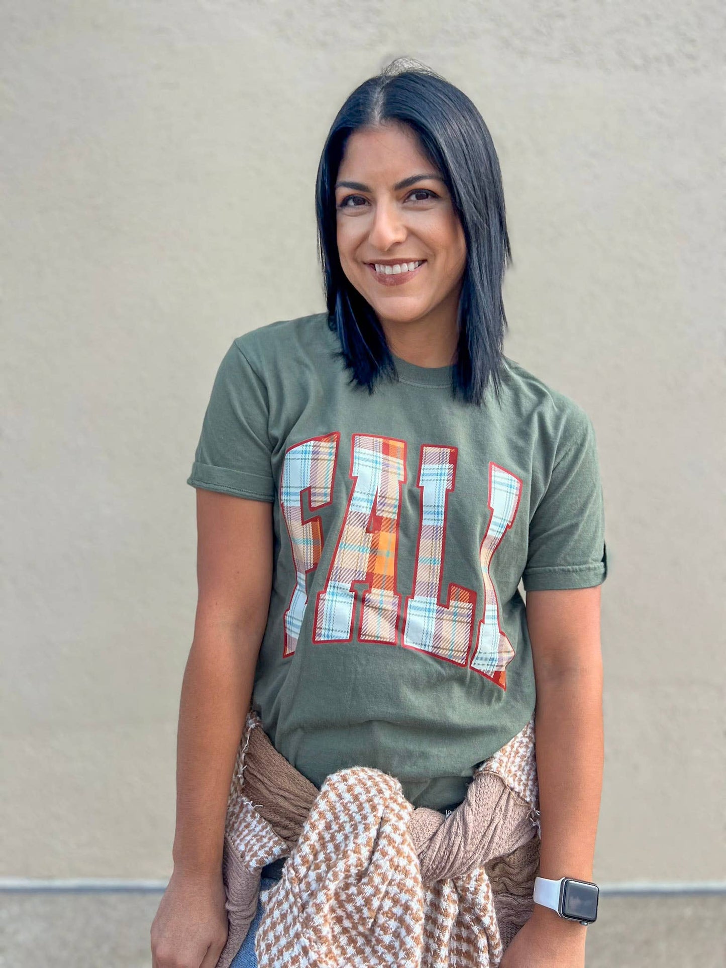 Sage "FALL" Plaid Tee