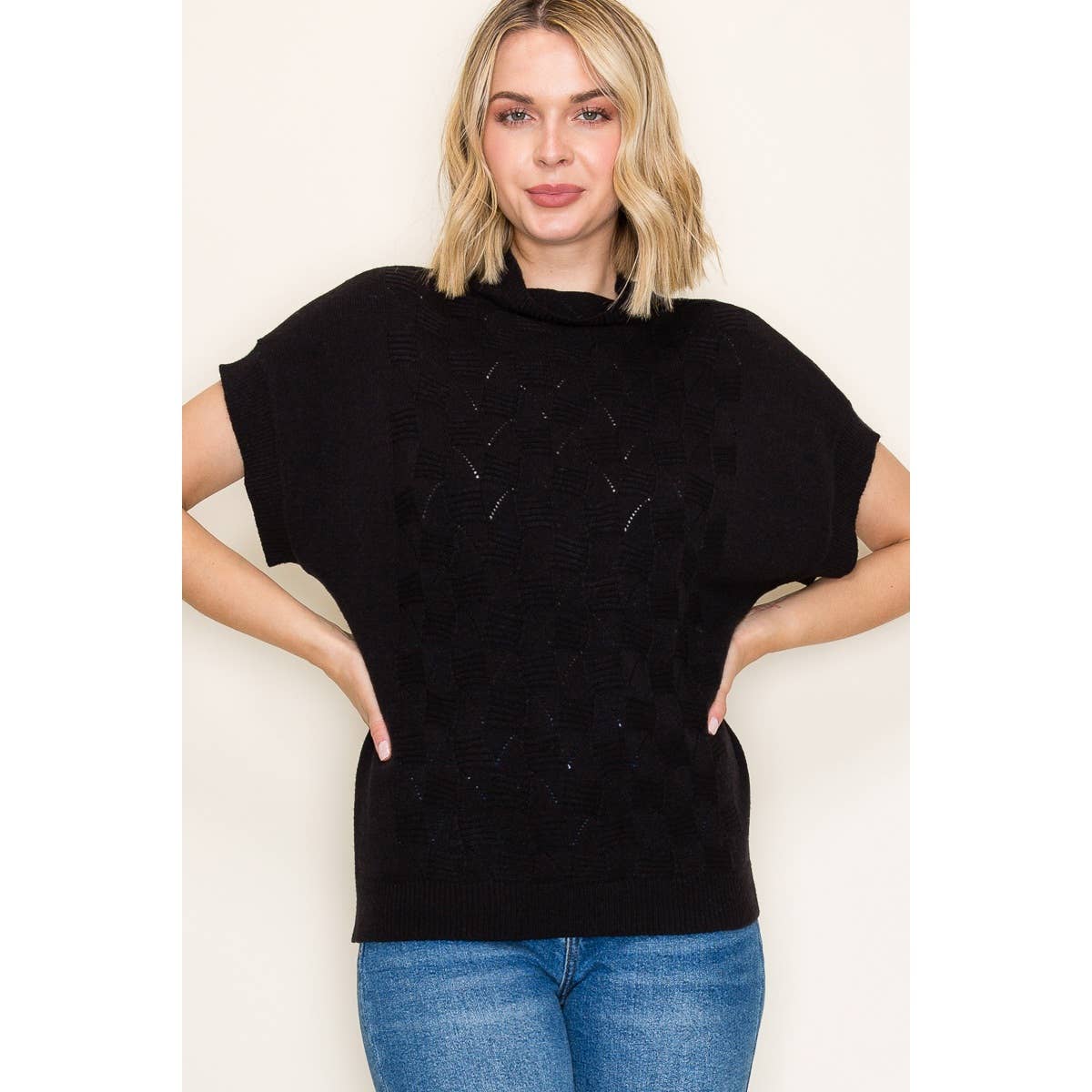 MOCK NECK EXTENDED SHORT SLEEVE SWEATER