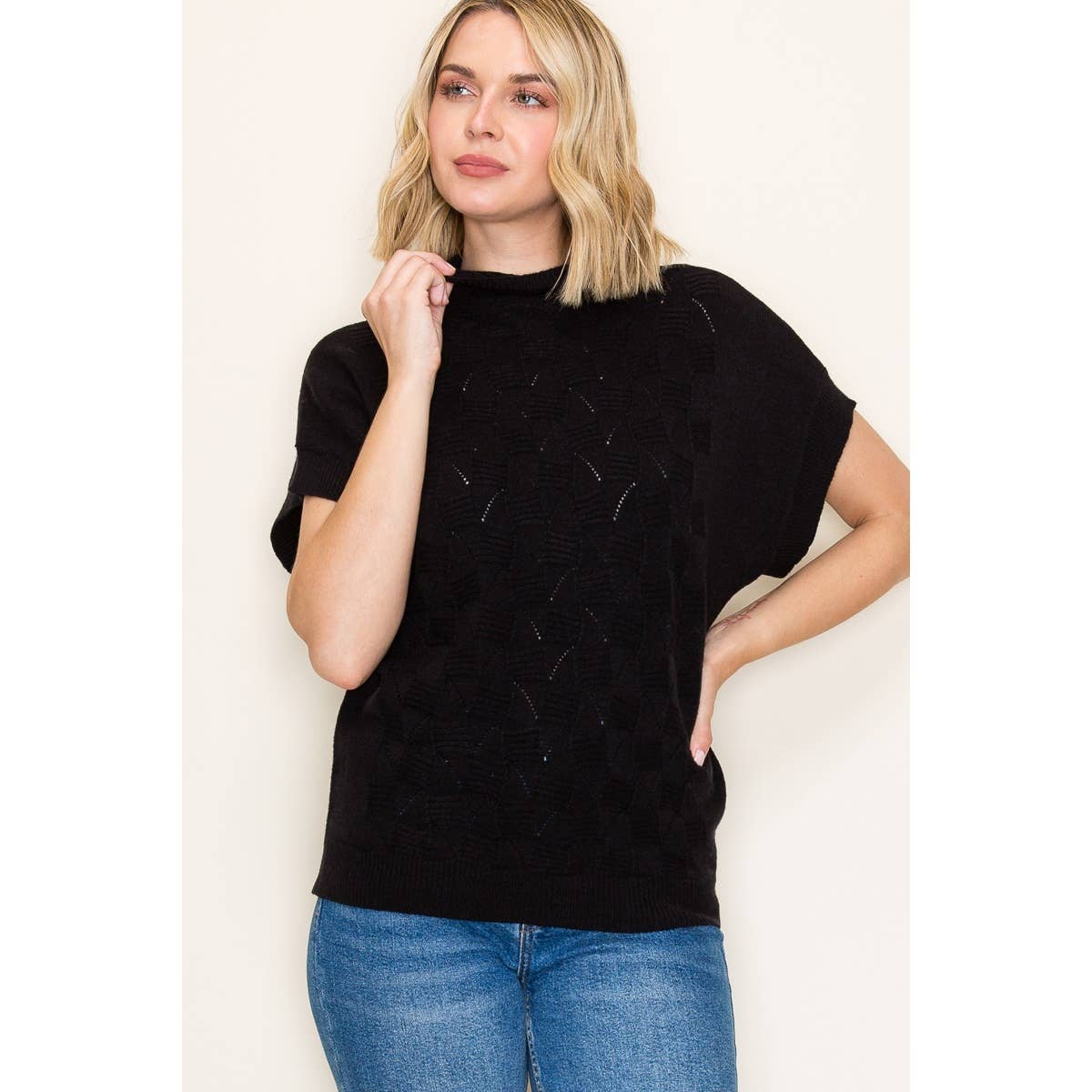 MOCK NECK EXTENDED SHORT SLEEVE SWEATER