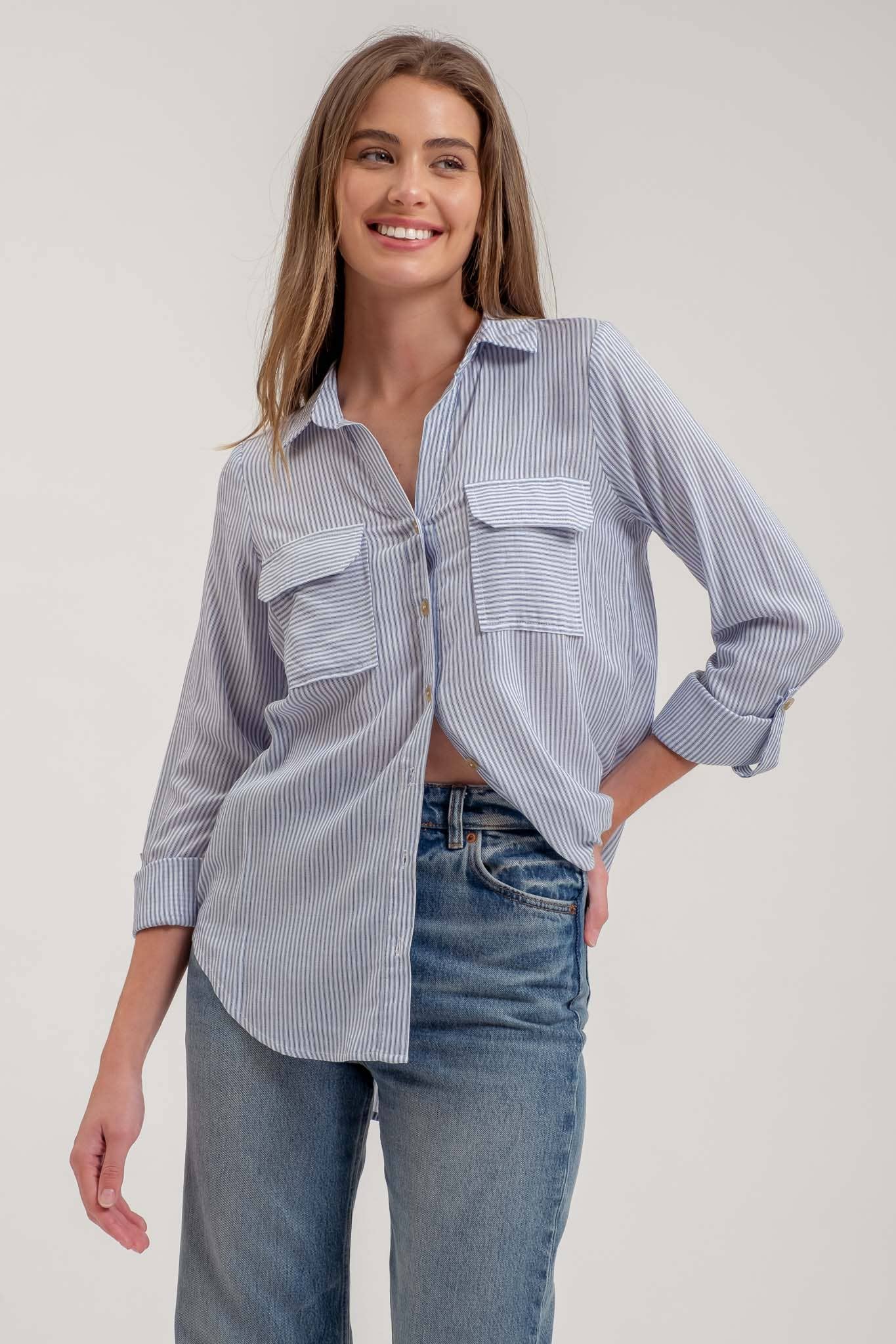 STRIPED COLLARED BUTTON DOWN WITH POCKETS