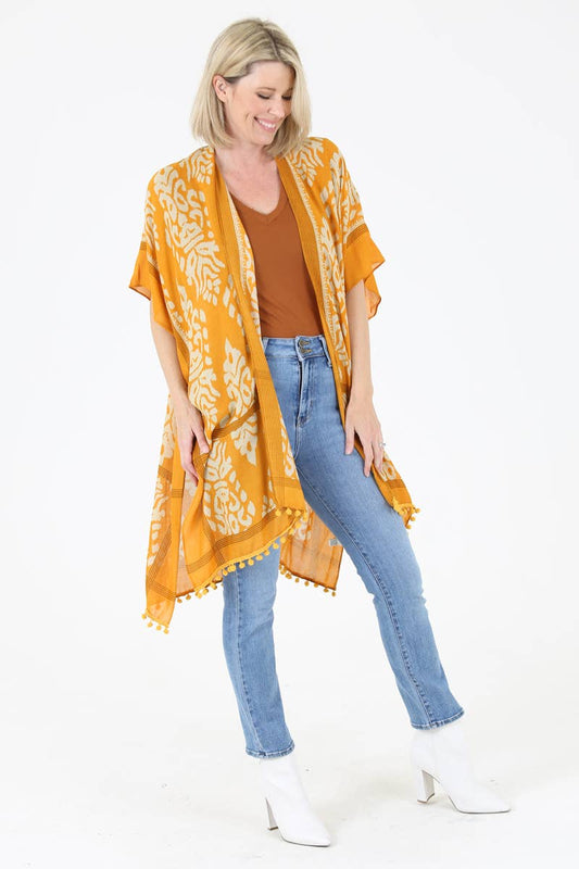 Printed Kimono with Pom Pom Trim