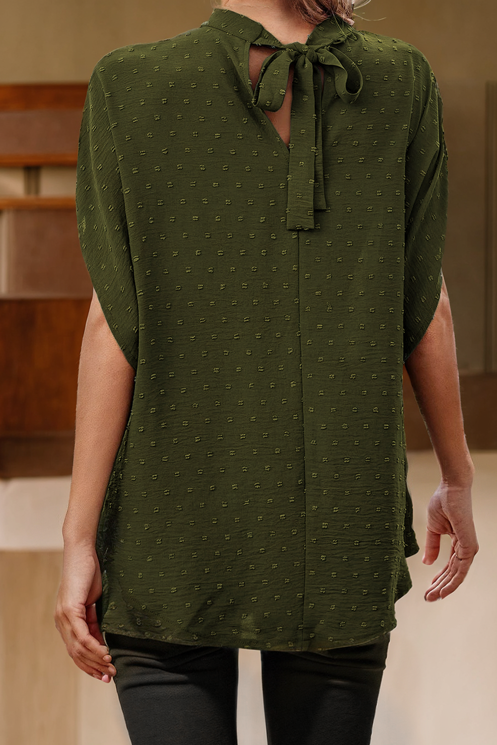 Swiss Dot Mock Neck Batwing Sleeve Blouse