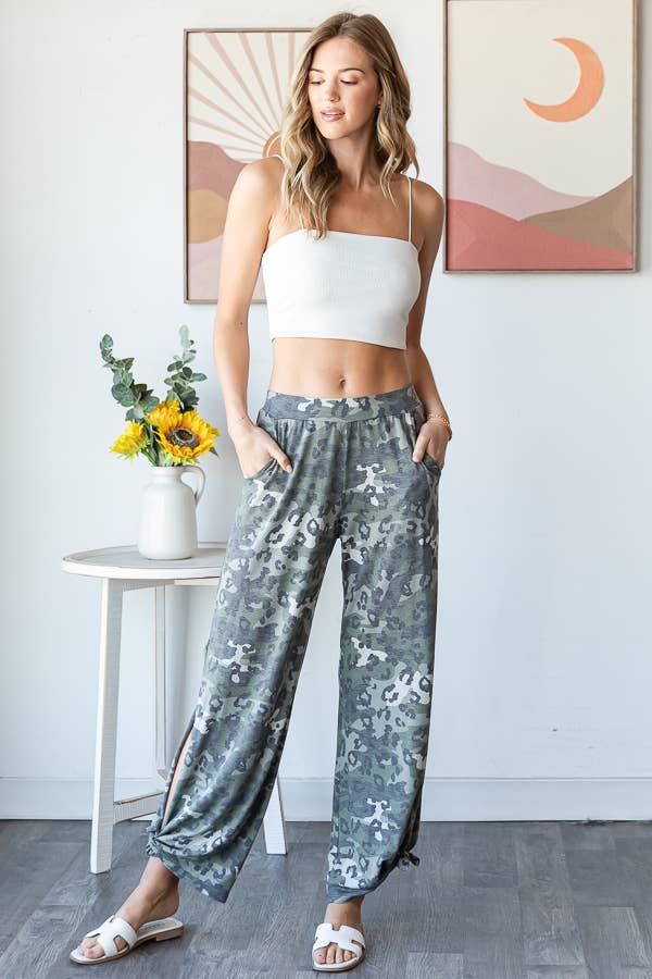 Leopard Camo Side Slit Ankle Tie Pants