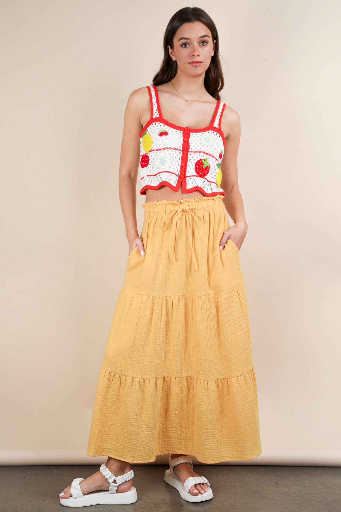 Elastic Waist Tiered Maxi Skirt