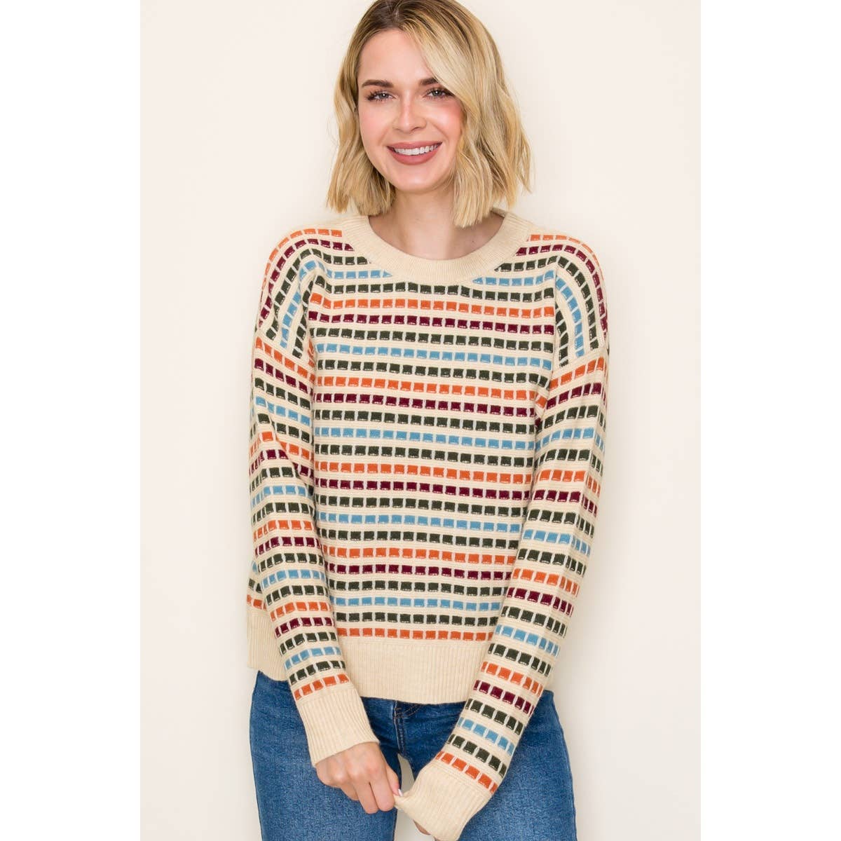 MULTI COLOR TEXTURE STRIPE CREW NECK