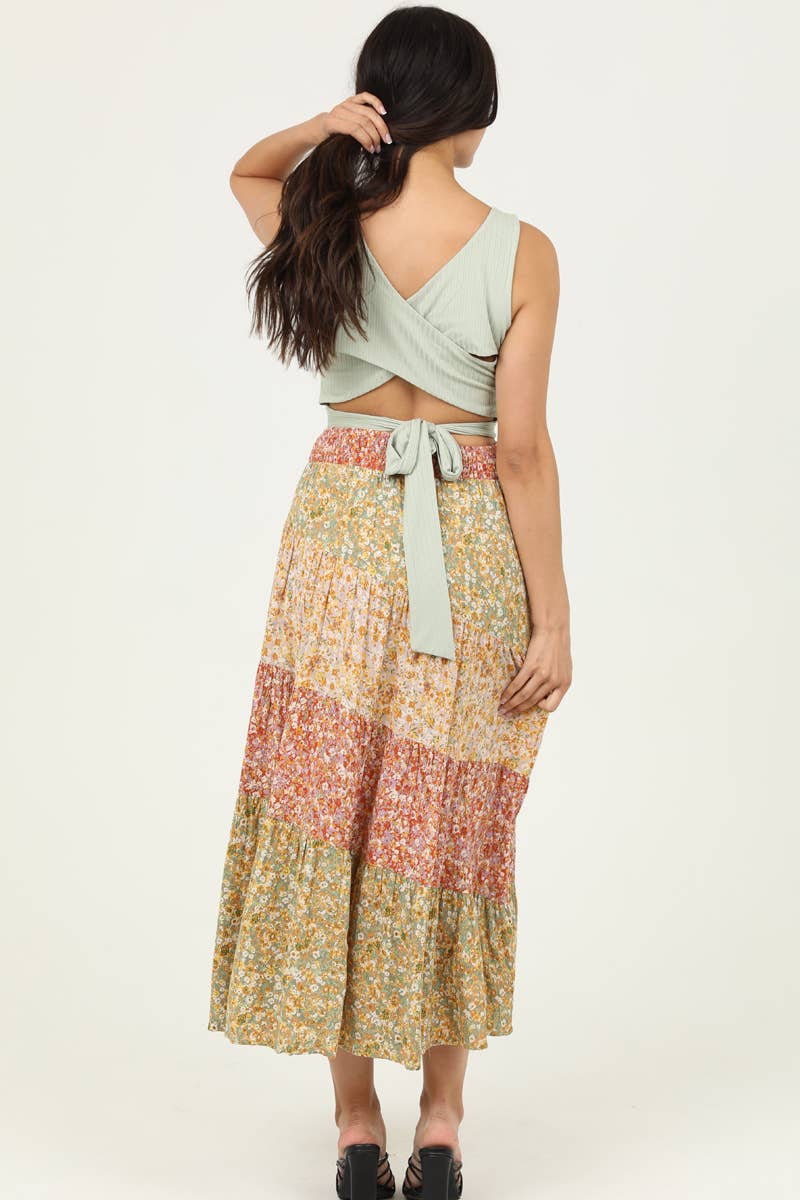 Tiered Mixed Print Maxi Skirt