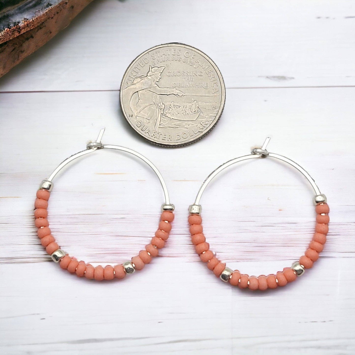 Silver Hoop Earrings with Coral Seed Beads