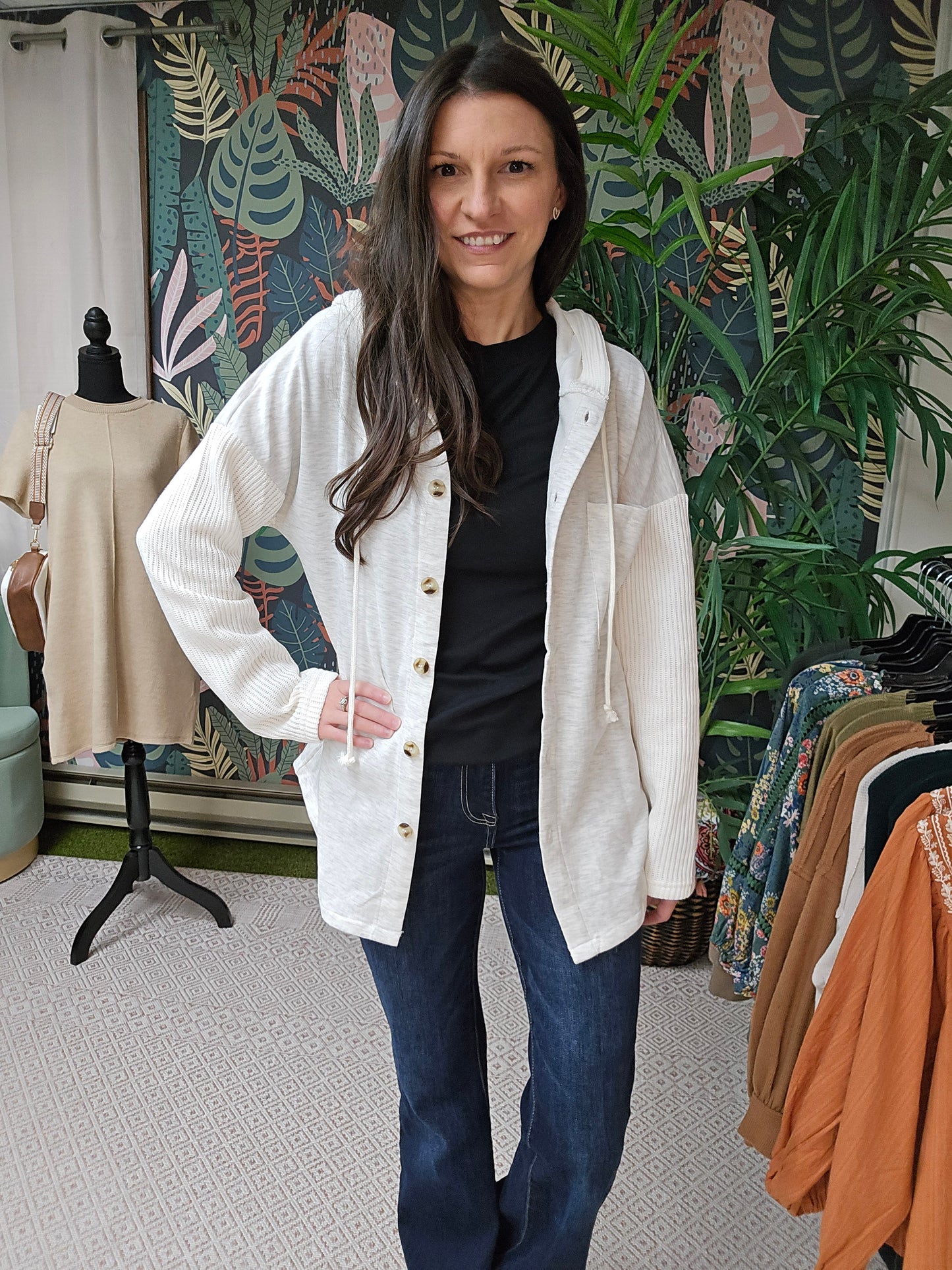 Button Up Contrast Knitted Sleeve Hoodie