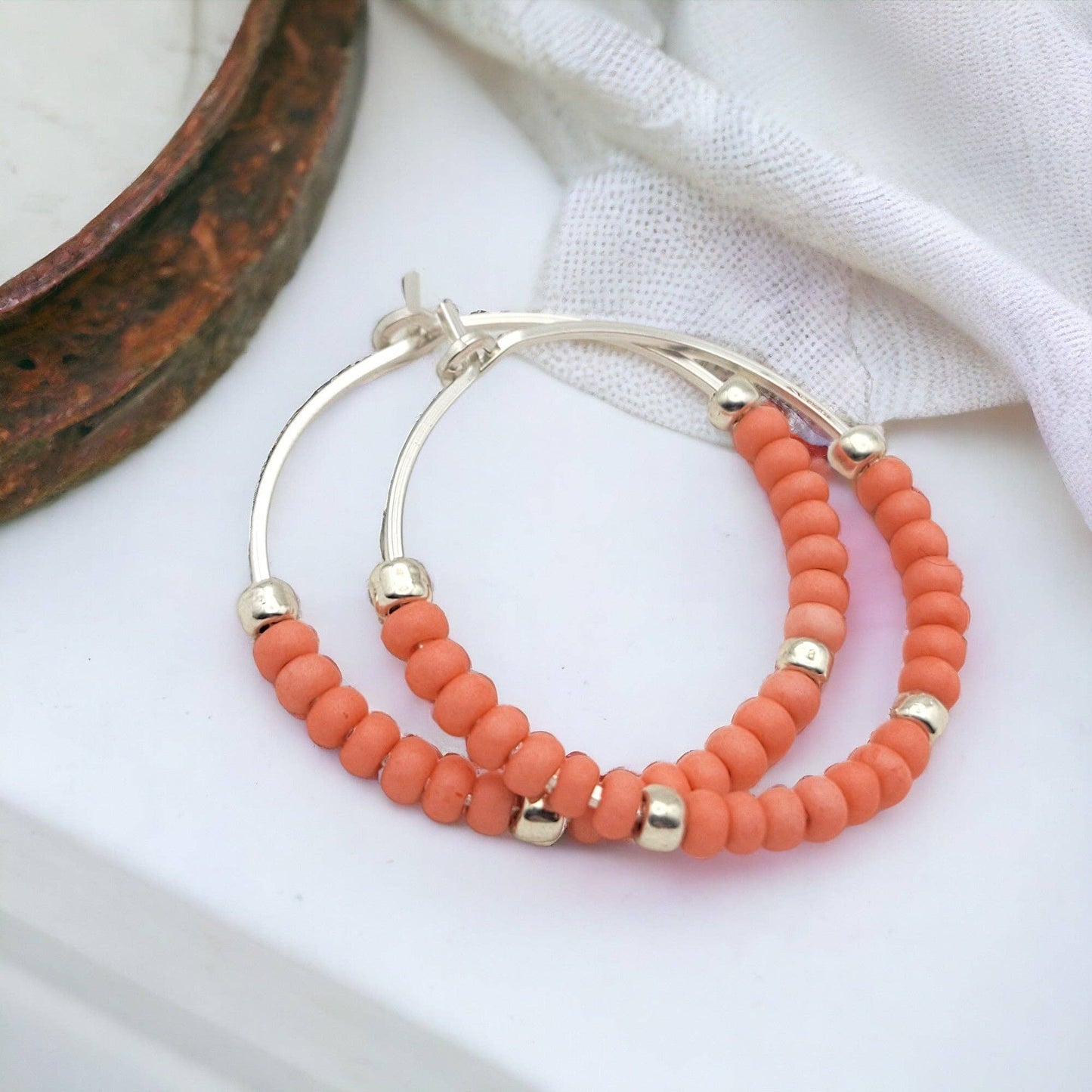 Silver Hoop Earrings with Coral Seed Beads