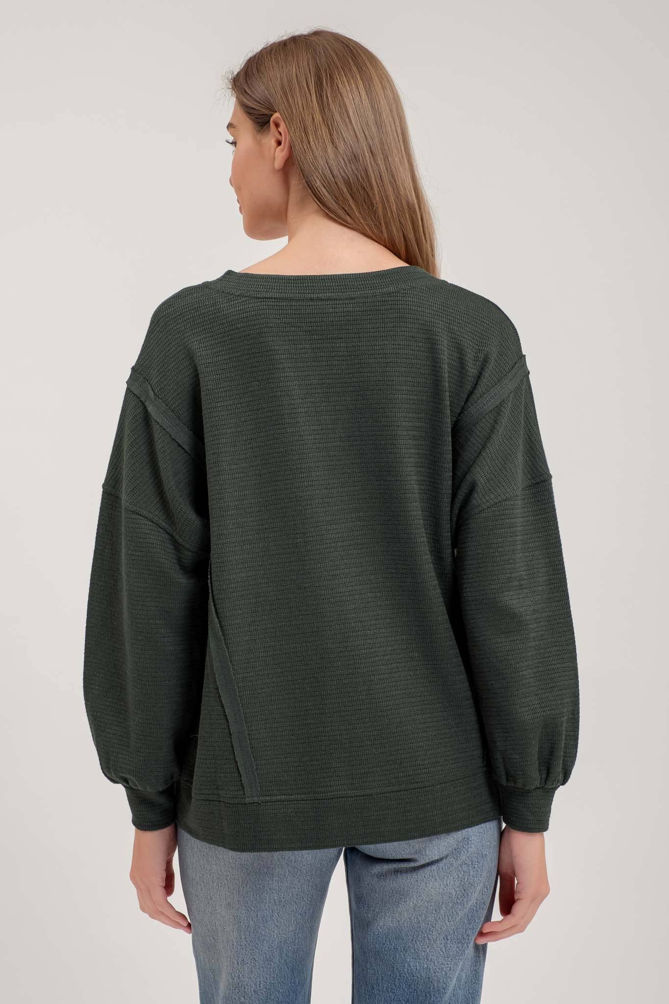 SPLIT NECK LONG SLEEVE KNIT TOP