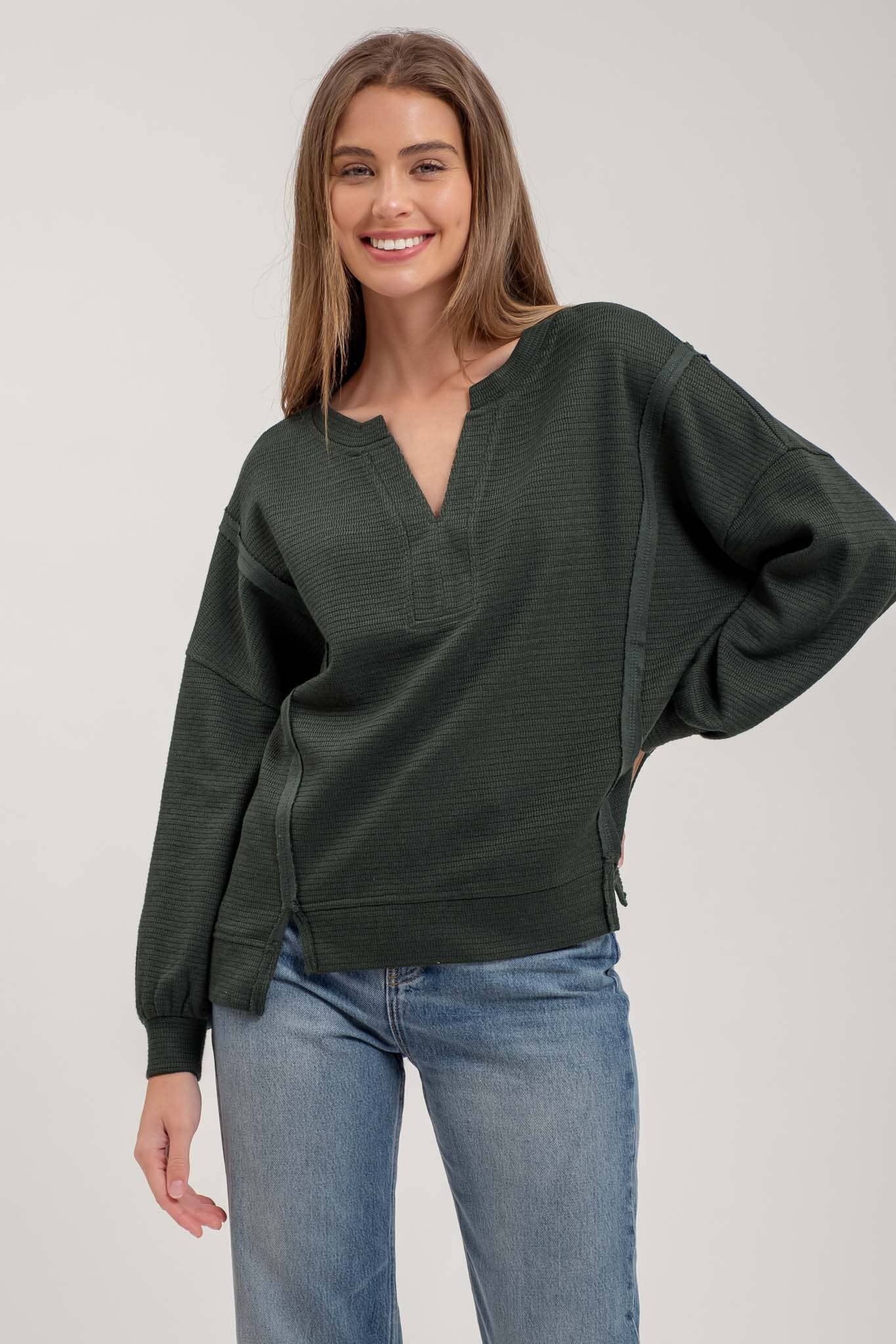 SPLIT NECK LONG SLEEVE KNIT TOP