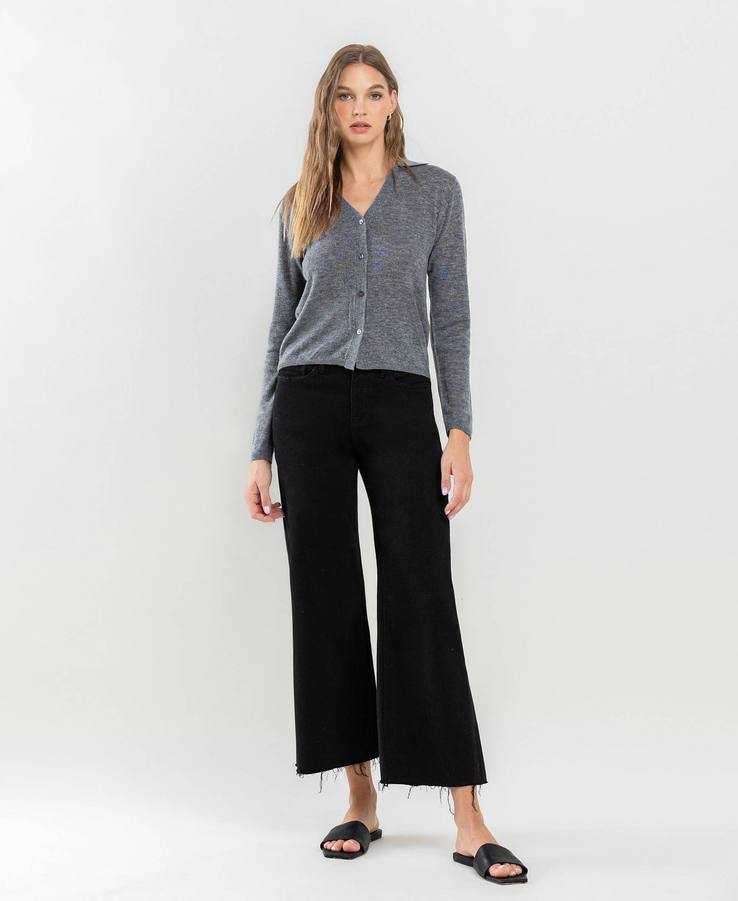 HIGH RISE RAW HEM CROP WIDE LEG JEANS LV1220BK