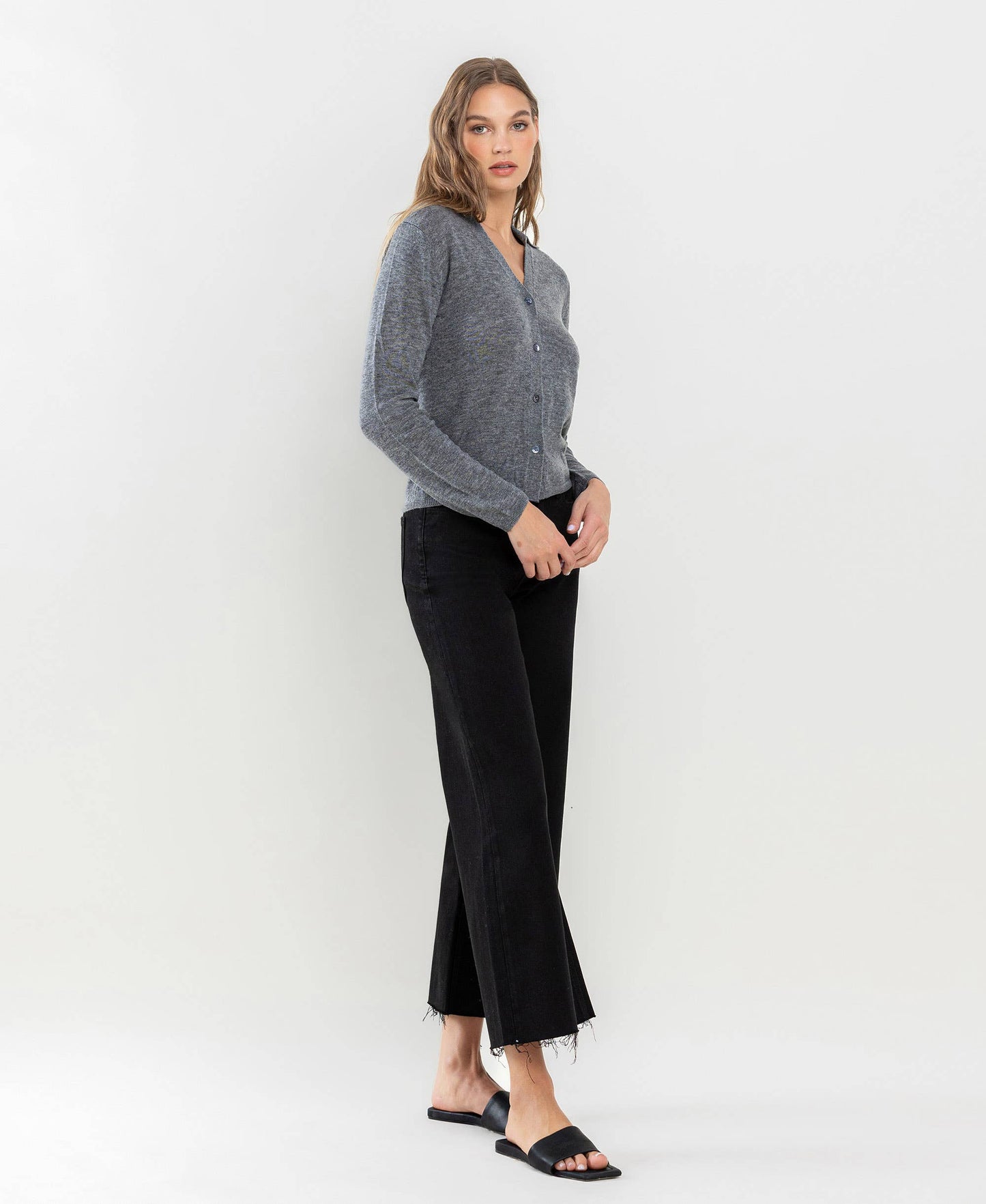 HIGH RISE RAW HEM CROP WIDE LEG JEANS LV1220BK