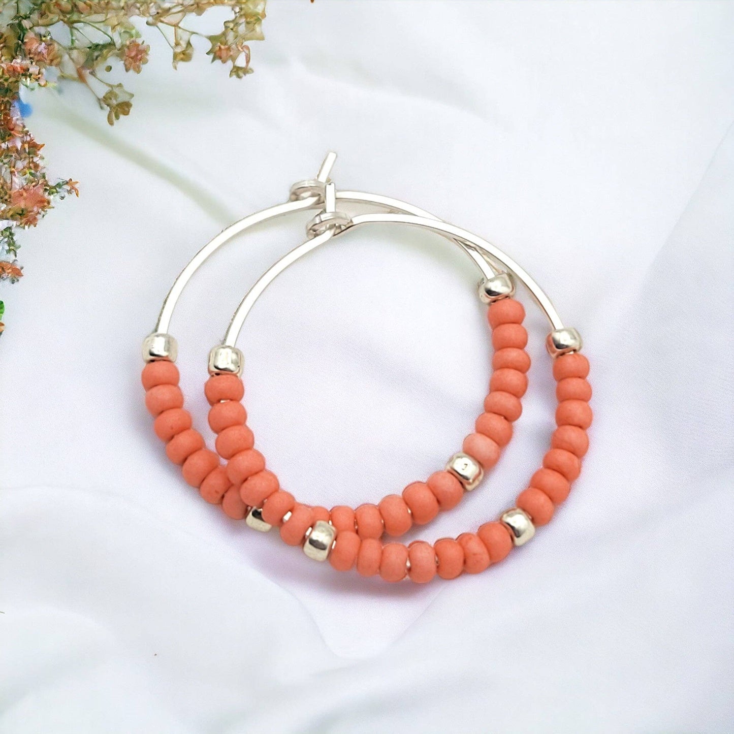 Silver Hoop Earrings with Coral Seed Beads