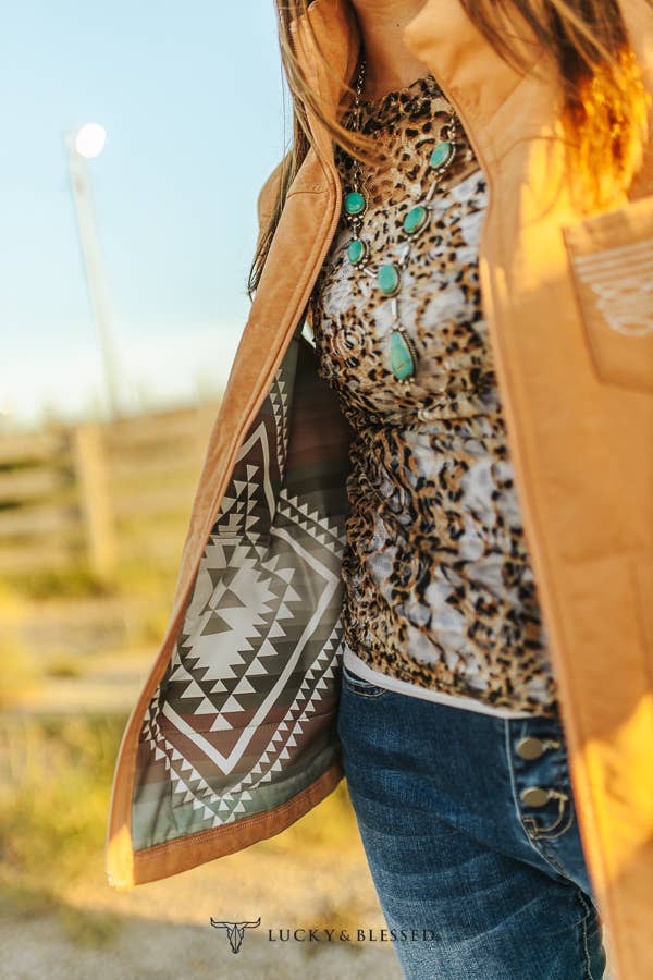 Plus Camel Puffer W Aztec Lining Boot Stitch Detail Vest