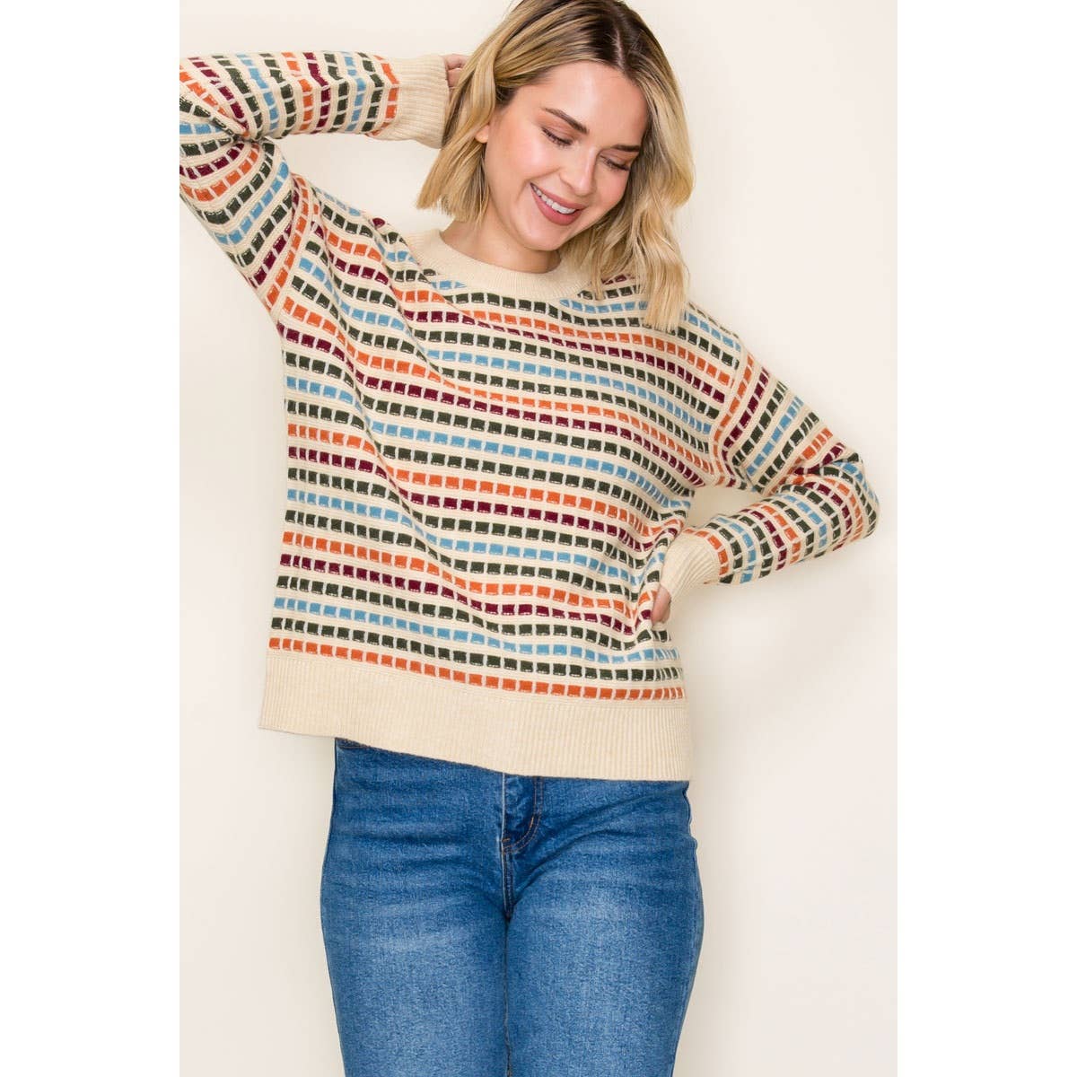 MULTI COLOR TEXTURE STRIPE CREW NECK