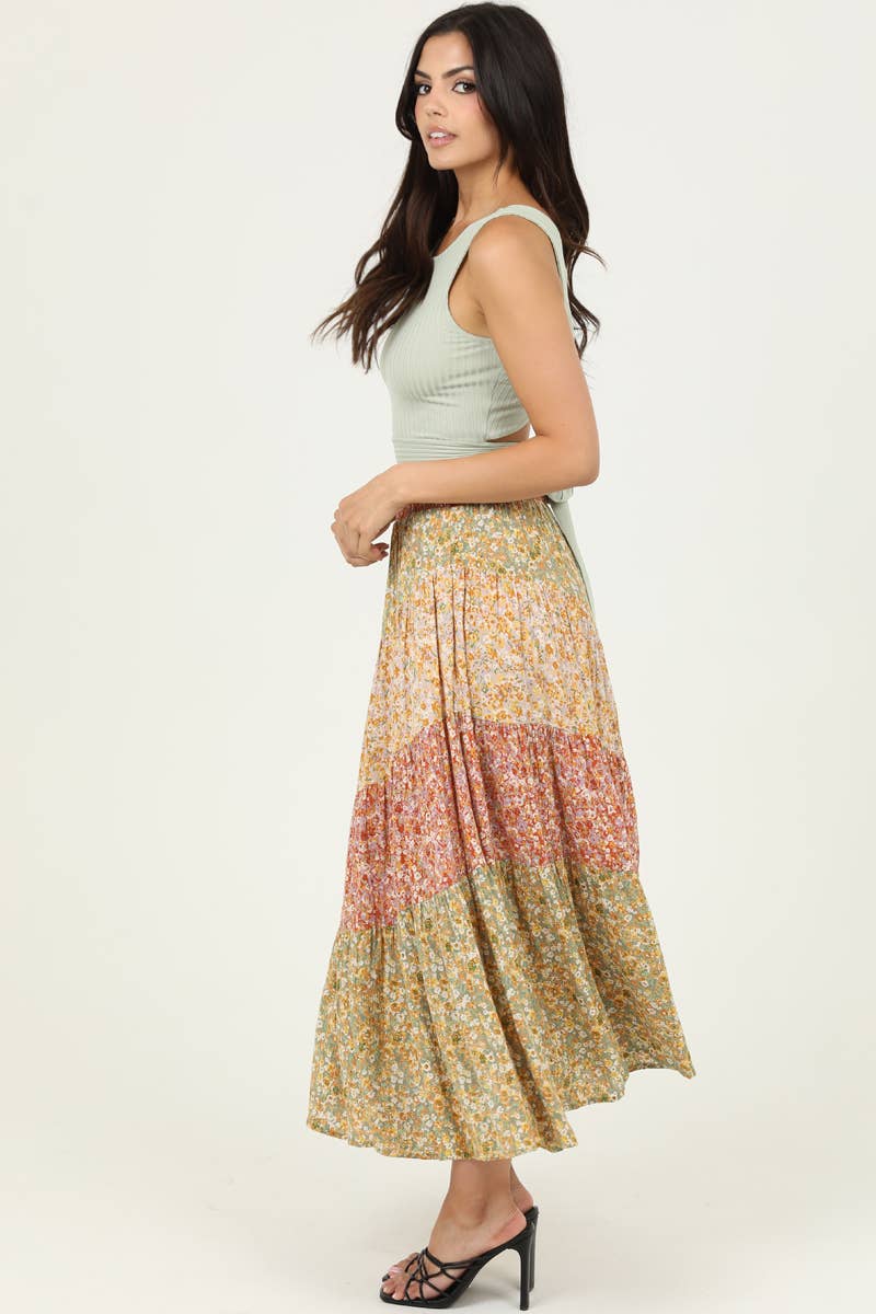 Tiered Mixed Print Maxi Skirt