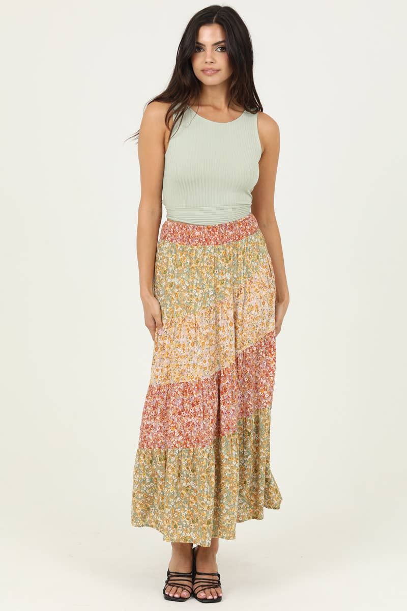 Tiered Mixed Print Maxi Skirt