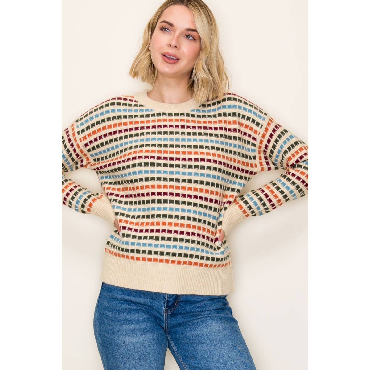 MULTI COLOR TEXTURE STRIPE CREW NECK